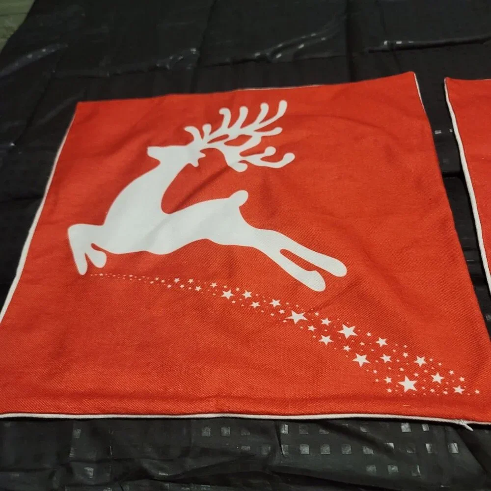 2 Vtg Style Red White Christmas Pillow Cover Screen Print Reindeer Appx 19x19